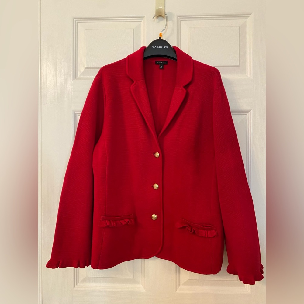 Elegent Talbots Red Cardigan Sweater with Gold Buttons XL